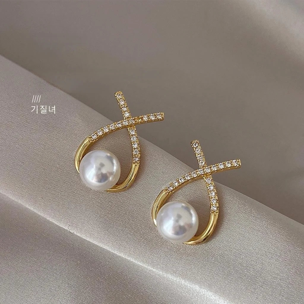 French Vintage Geometric Cross Pearl Stud Earrings With Micro Pave Zircon Copper Jewelry