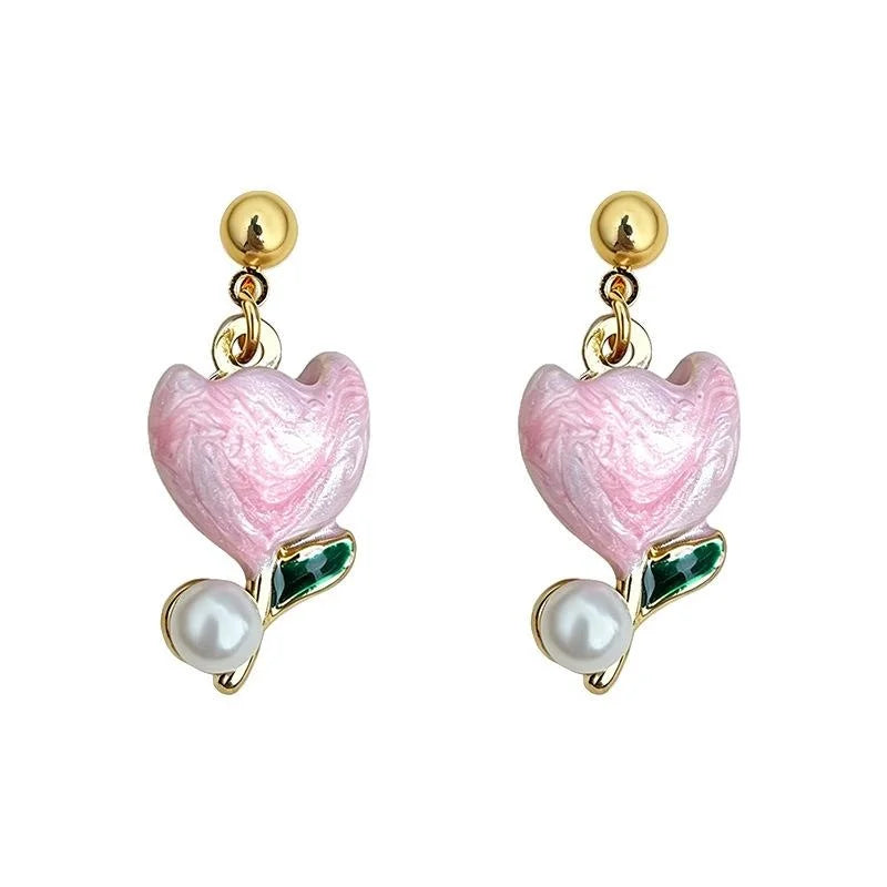 Hand Painted Enamel Tulip Stud Earrings Eco-Friendly Copper Alloy Fresh Floral Jewelry