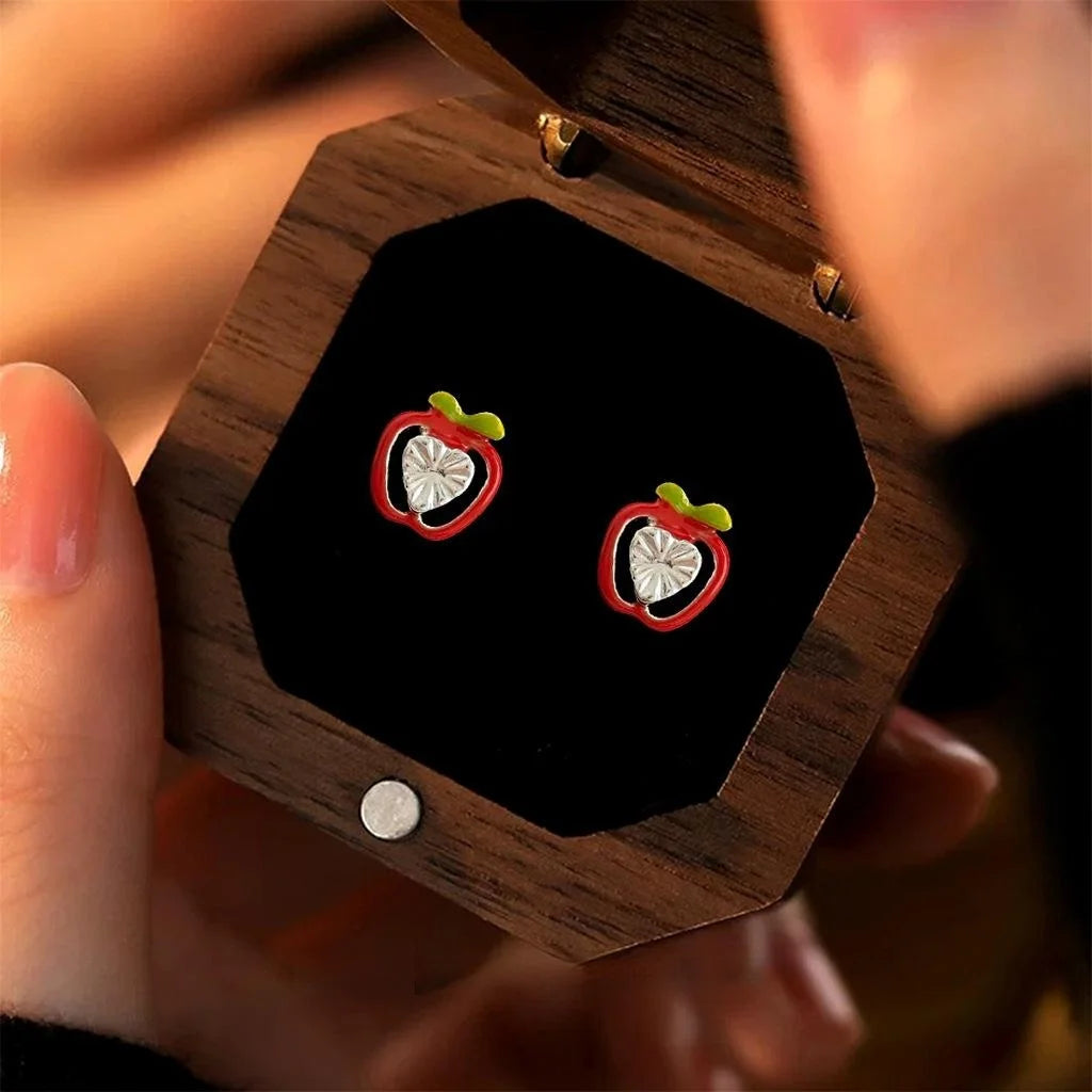 Cute Tiny Apple Stud Earrings Copper Fruit Design Forest Fresh Student Jewelry