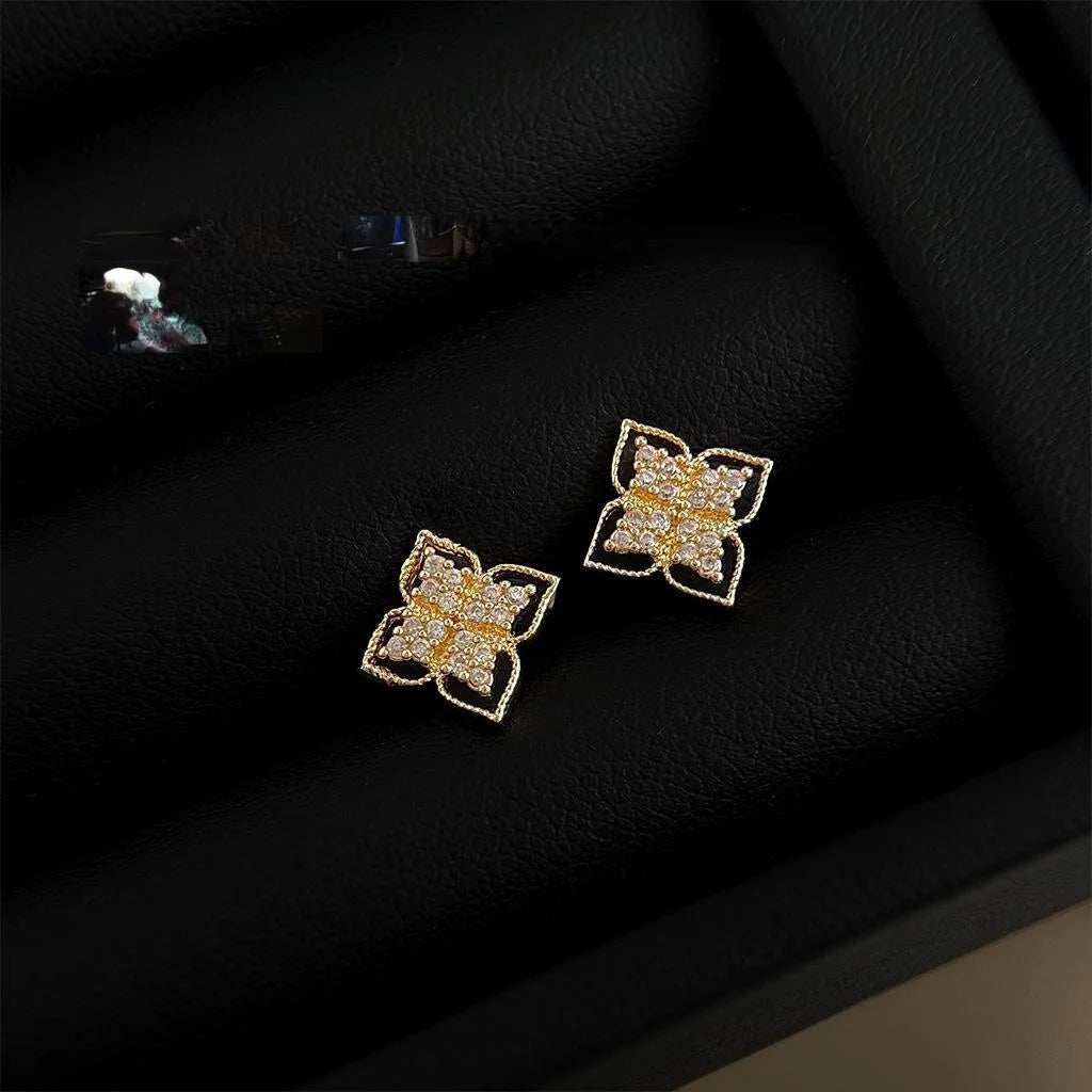 14K Gold Plated Copper Micro Pave Zircon Floral Geometric Stud Earrings, French Minimalist Jewelry