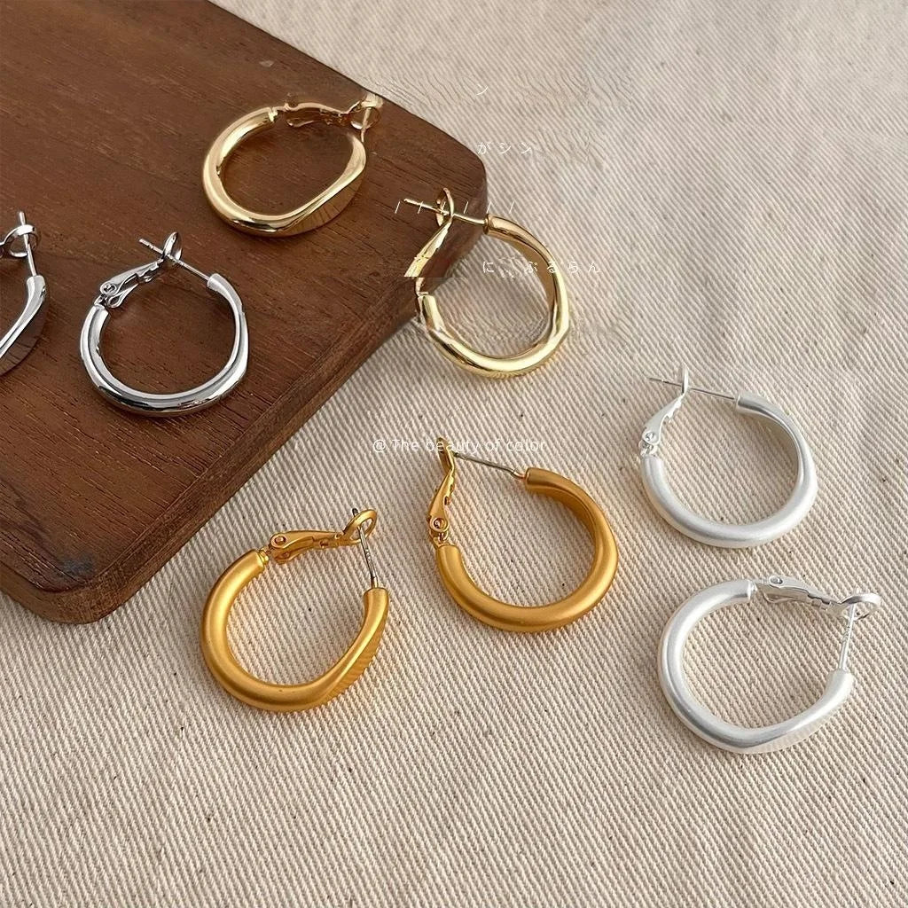 Premium Minimalist Copper Hoop Earrings Glossy Matte Geometric Korean French Style For Women