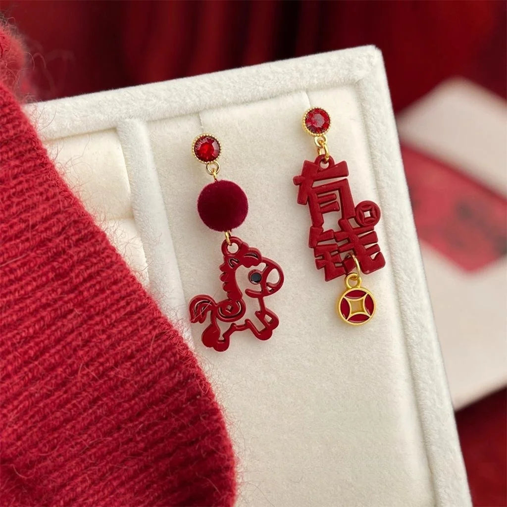 Guochao Red Horse Paper Cut Lacquer Enamel Rhinestone Drop Earrings For Women