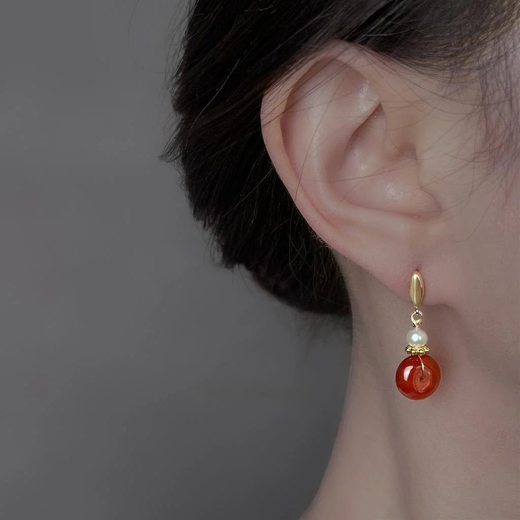 Natural Freshwater Pearl Red Agate Geometric Round Palace Style Drop Earrings