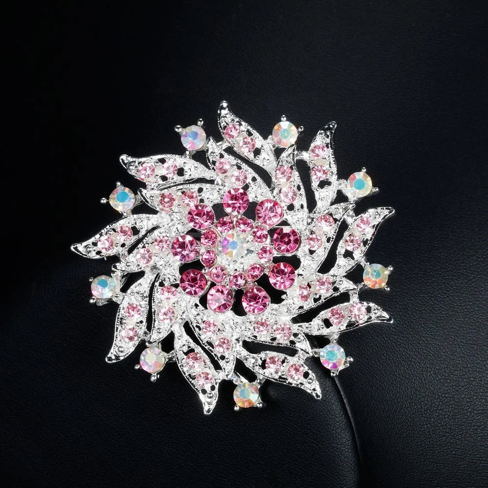 Elegant Pink Rhinestone Crystal Flower Brooch, Silver Alloy Floral Lapel Pin Corsage Suit Accessory Gift