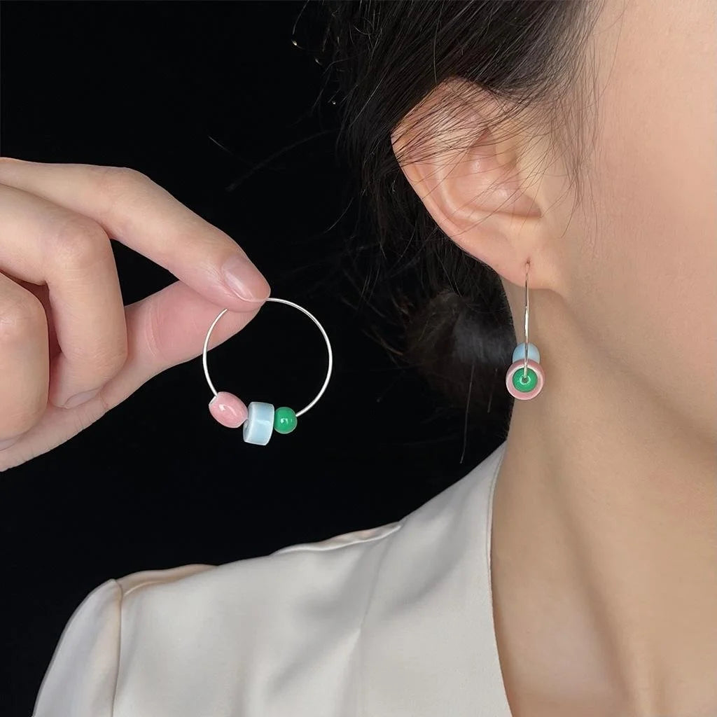 Ethnic Style Handmade Glazed Ceramic Geometric Round Square Drop Earrings for Women