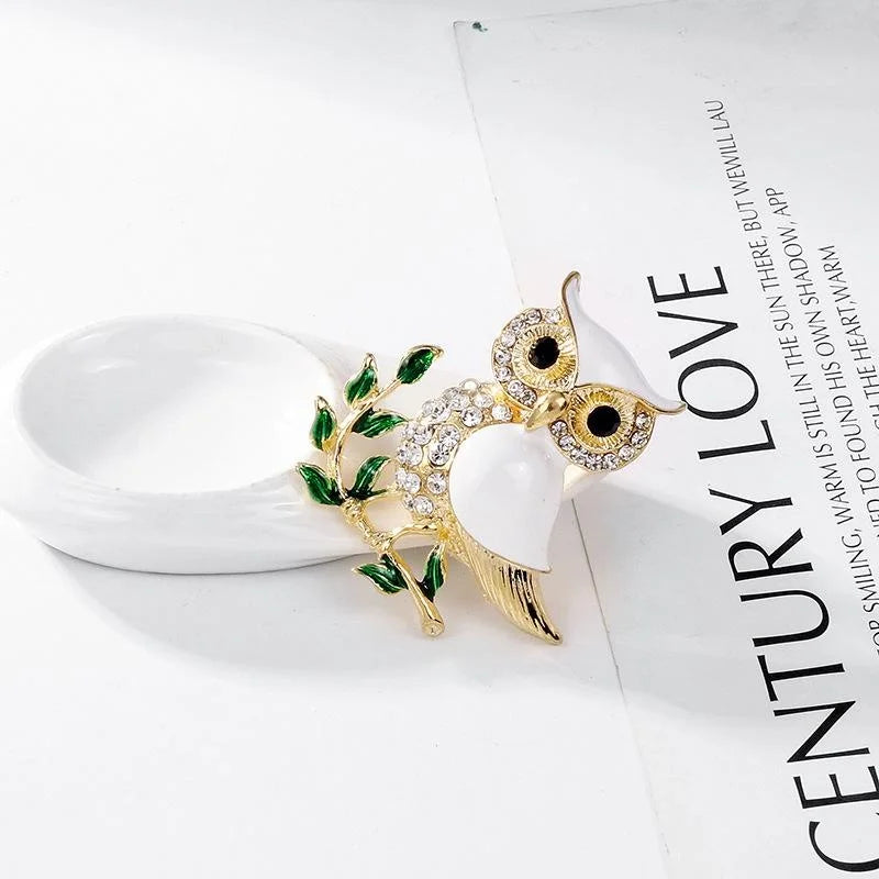 Cute Enamel Owl On Branch Brooch With Rhinestones, Gold Tone Alloy Lapel Pin Corsage Gift For Women