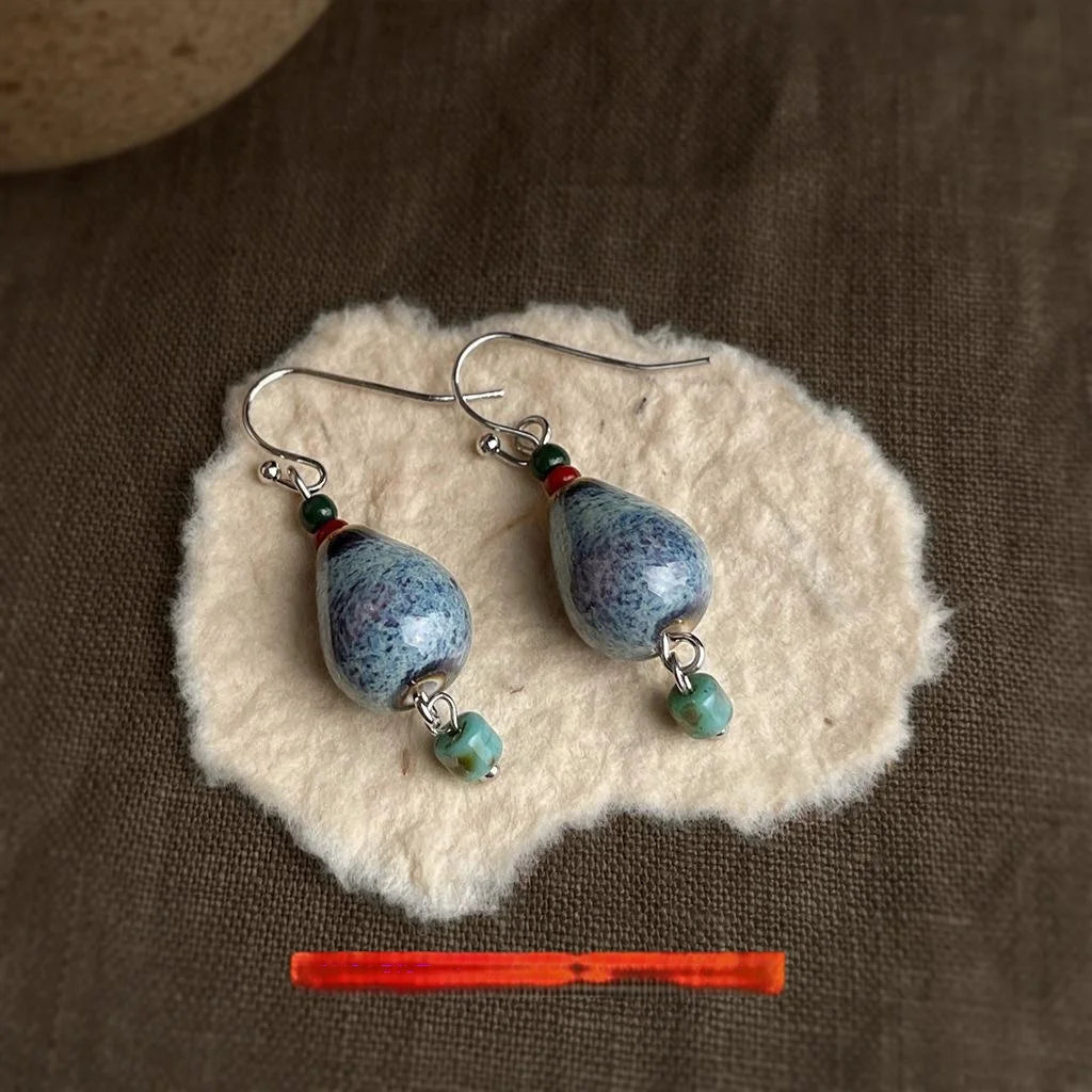 Handmade Ceramic Gourd Drop Earrings Vintage Chinese Style Geometric Round Waterdrop Jewelry