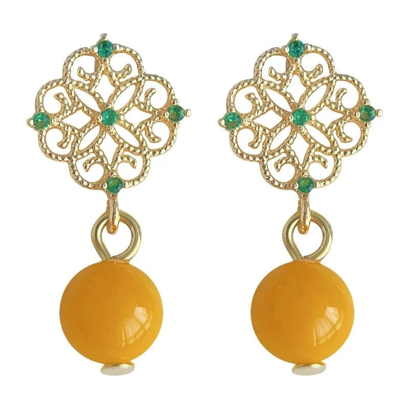 French Vintage Geometric Round Faux Amber Copper 14K Plated Stud Earrings For Women