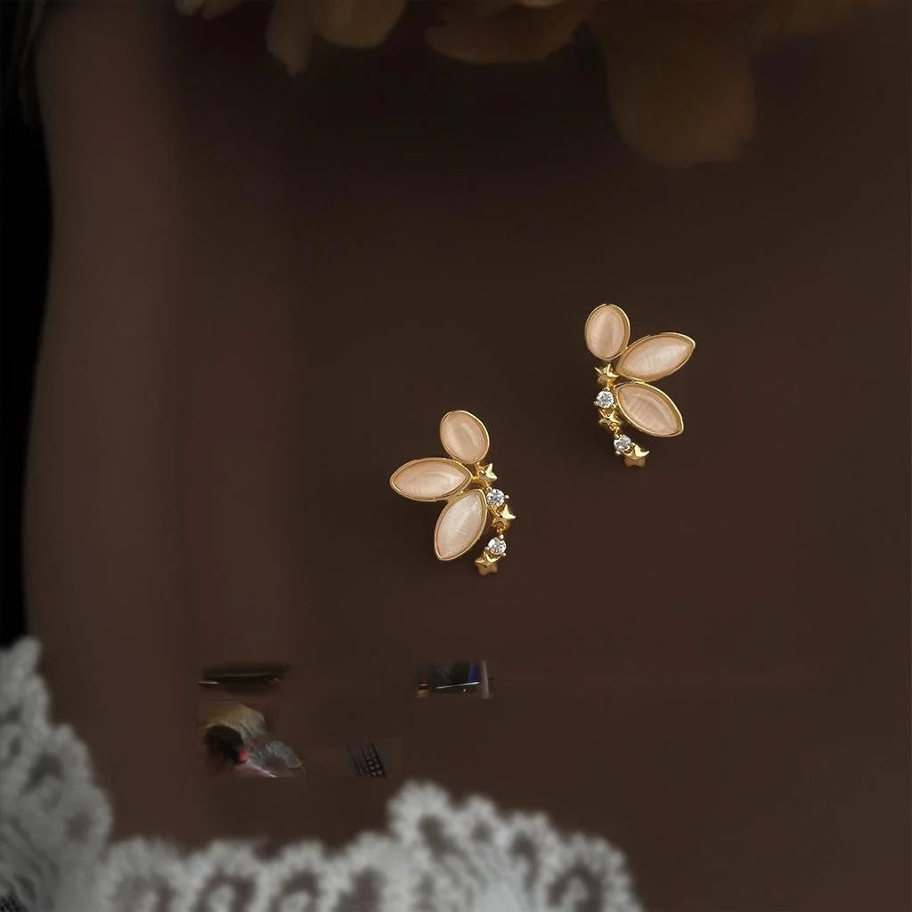 Luxury Floral Petal Stud Earrings With Glass Cat Eye Stone Micro Pave Zircon