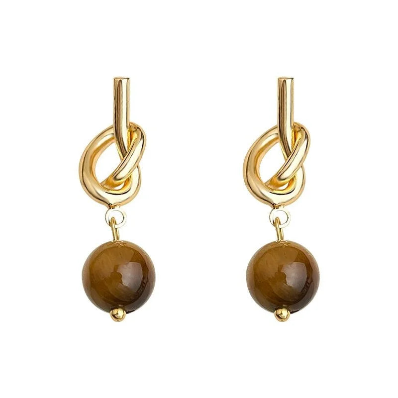 Natural Tiger Eye Stone Geometric Knot Drop Earrings French Vintage Maillard Style