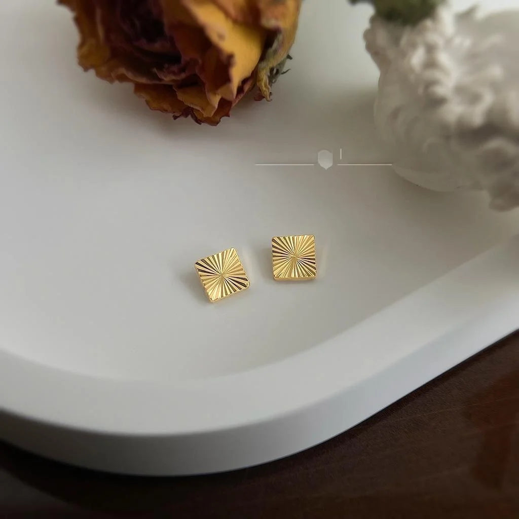 18K Real Gold Plated Copper Geometric Square Faceted Stud Earrings, Light Luxury