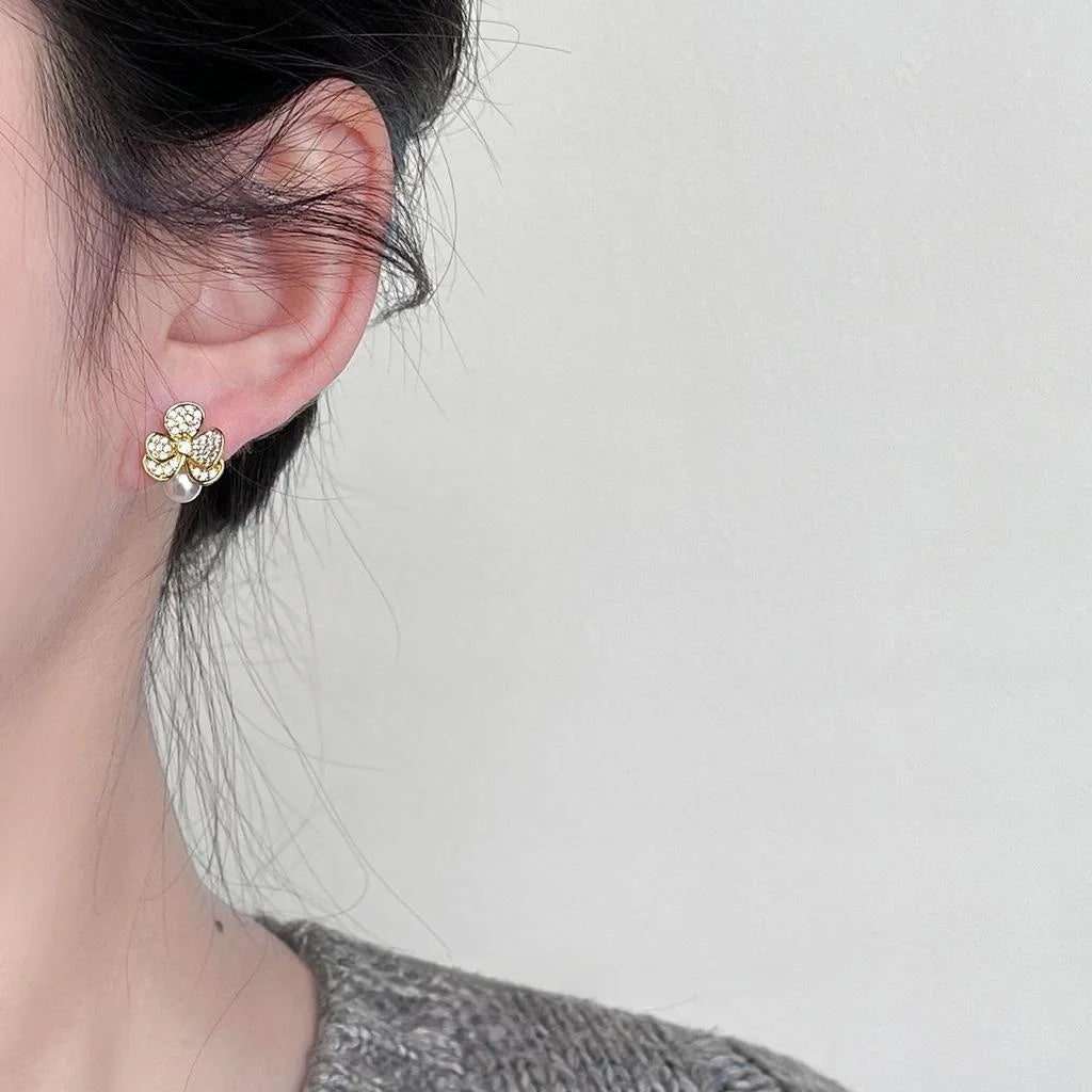 Light Luxury Copper Pearl Leaf Flower Drop Earrings With Micro Pave Zircon Silver Plated Pins