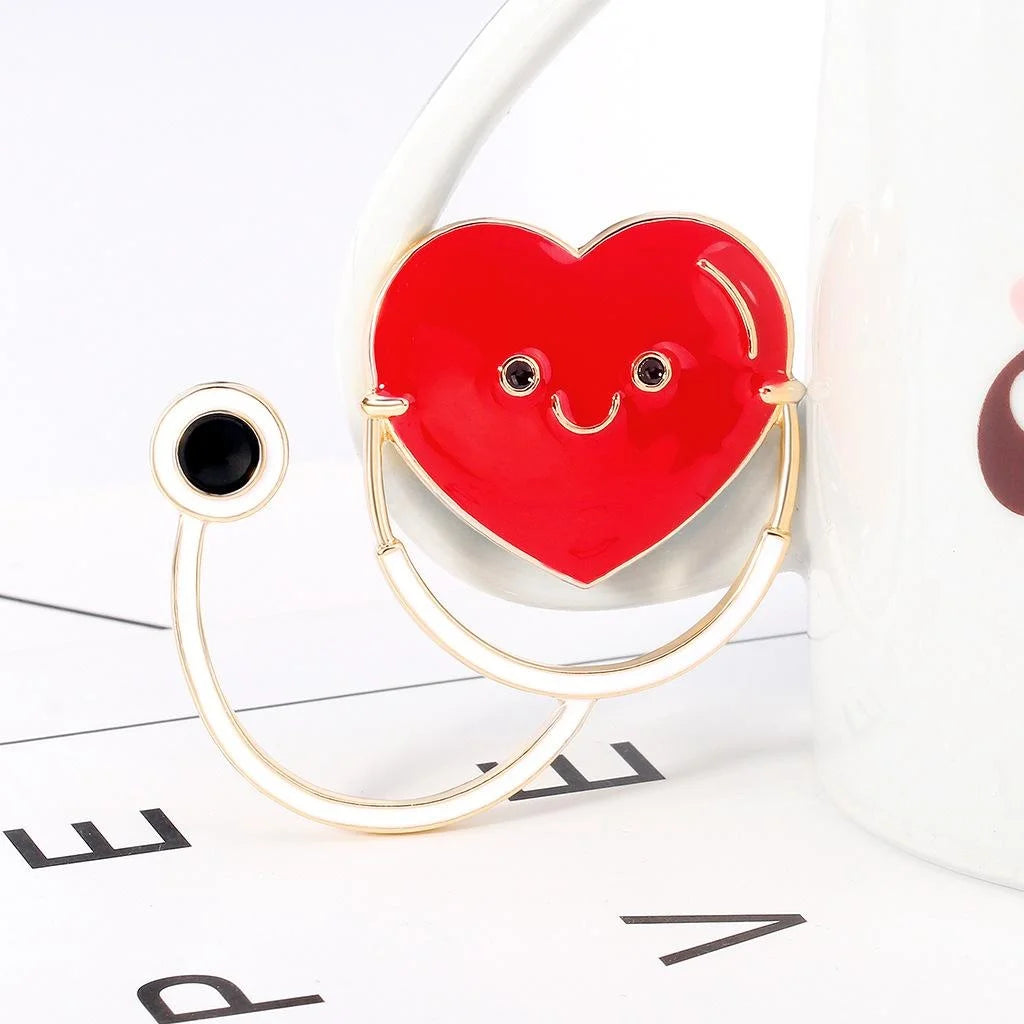 Cute Red Heart Stethoscope Enamel Alloy Brooch, Medical Nurse Doctor Lapel Pin Corsage Gift