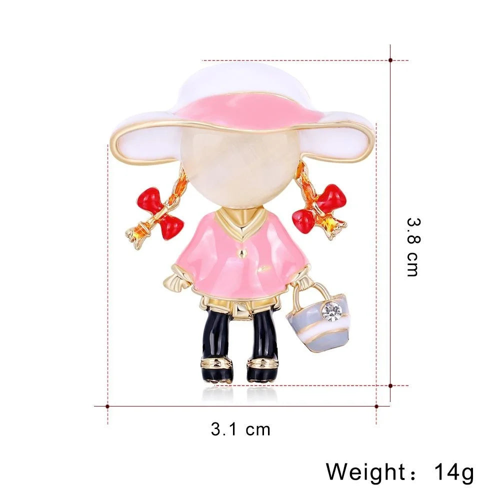 Cute Cartoon Girl Alloy Enamel Brooch With Rhinestone Bag, Fashion Lapel Pin Corsage Gift Accessory