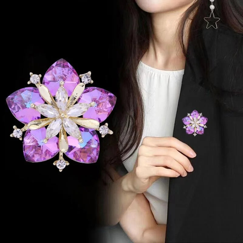 Luxury Purple Glass Crystal Camellia Flower Brooch With Rhinestones, Elegant Lapel Pin Corsage Suit Accessory