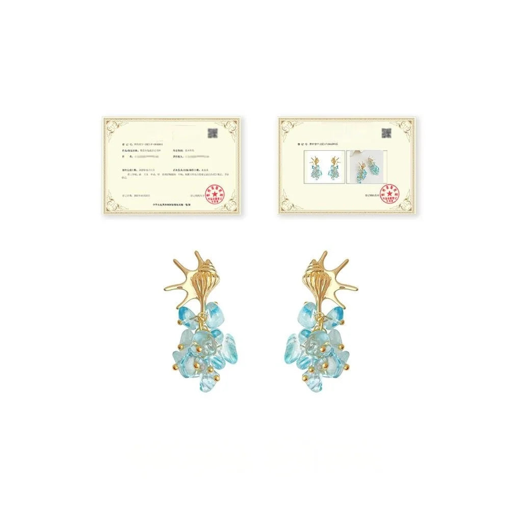 Ocean Style Copper Aquamarine Glass Conch Geometric Drop Earrings For Beach Vacation