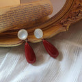 Vintage Hong Kong Style Burgundy Resin Water Drop Stud Earrings With Silver Plated Pins