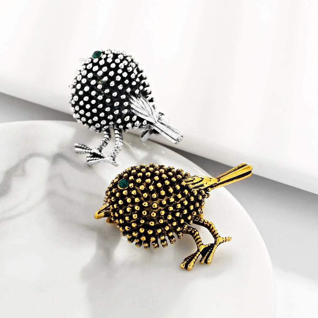 Vintage Gold Tone Alloy Sparrow Bird Brooch With Green Rhinestone Eye, Elegant Lapel Pin Suit Accessory Gift