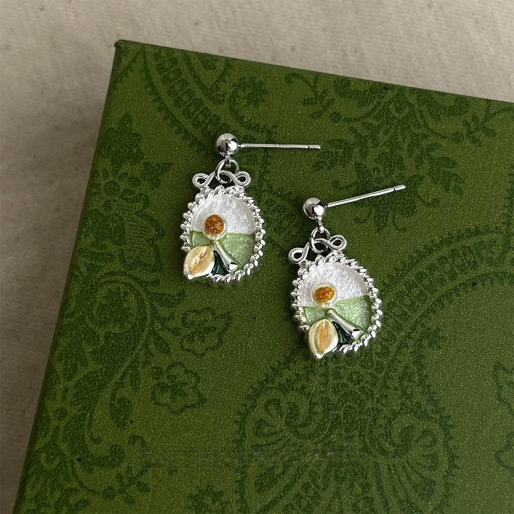 Forest Style Copper Enamel Flower Leaf Drop Earrings Handmade Monet Garden Jewelry