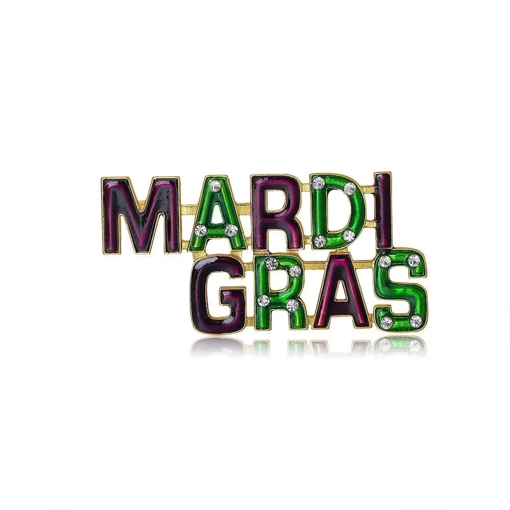 Vintage Mardi Gras Letter Alloy Enamel Rhinestone Brooch, Elegant Carnival Lapel Pin Suit Accessory