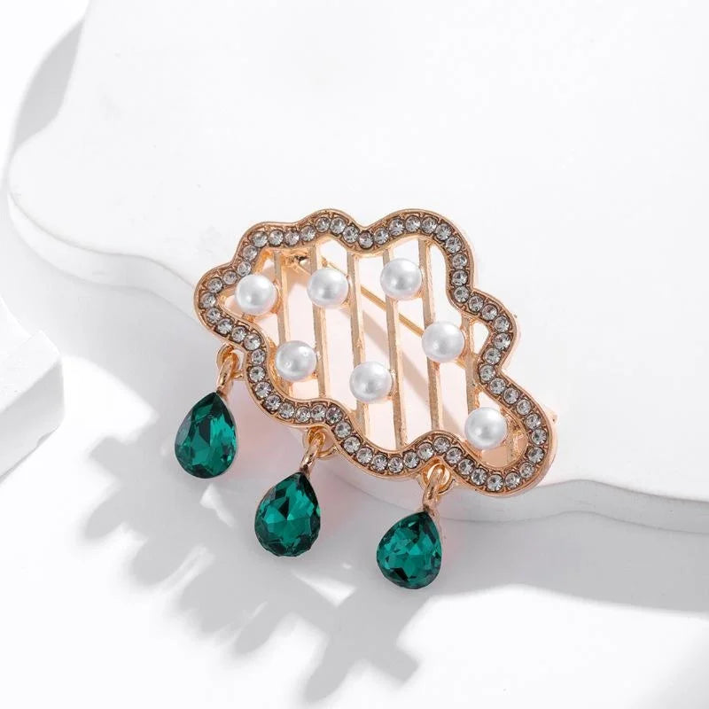 Vintage Cloud Flower Brooch With Rhinestone Faux Pearl And Emerald Crystal Drops, Elegant Lapel Pin Gift