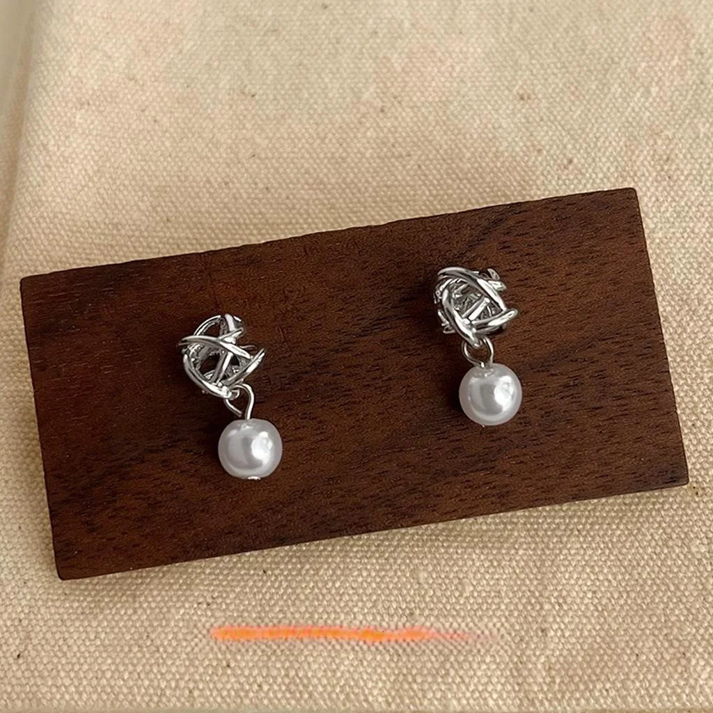 Irregular Geometric Wire Wrapped High Luster Pearl Drop Earrings, Handmade Hollow Versatile Style