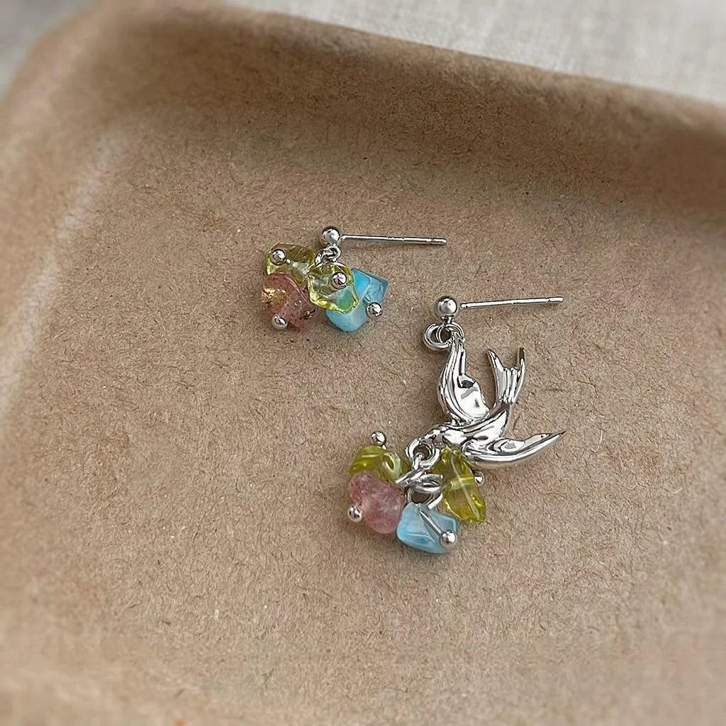 Forest Style Natural Strawberry Quartz Asymmetric Bird Drop Earrings Original Jewelry