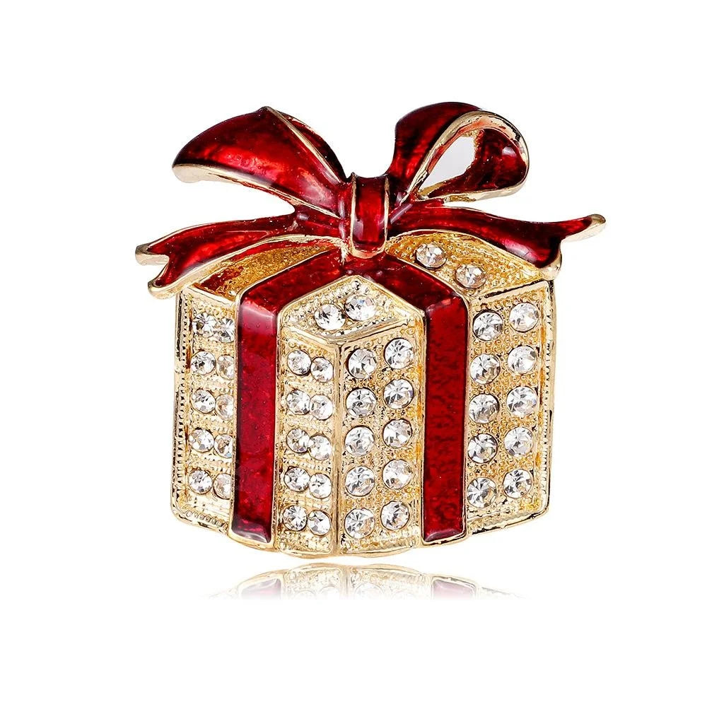 Luxury Christmas Gift Box Brooch With Red Enamel Bow And Rhinestones, Elegant Lapel Pin Corsage Gift