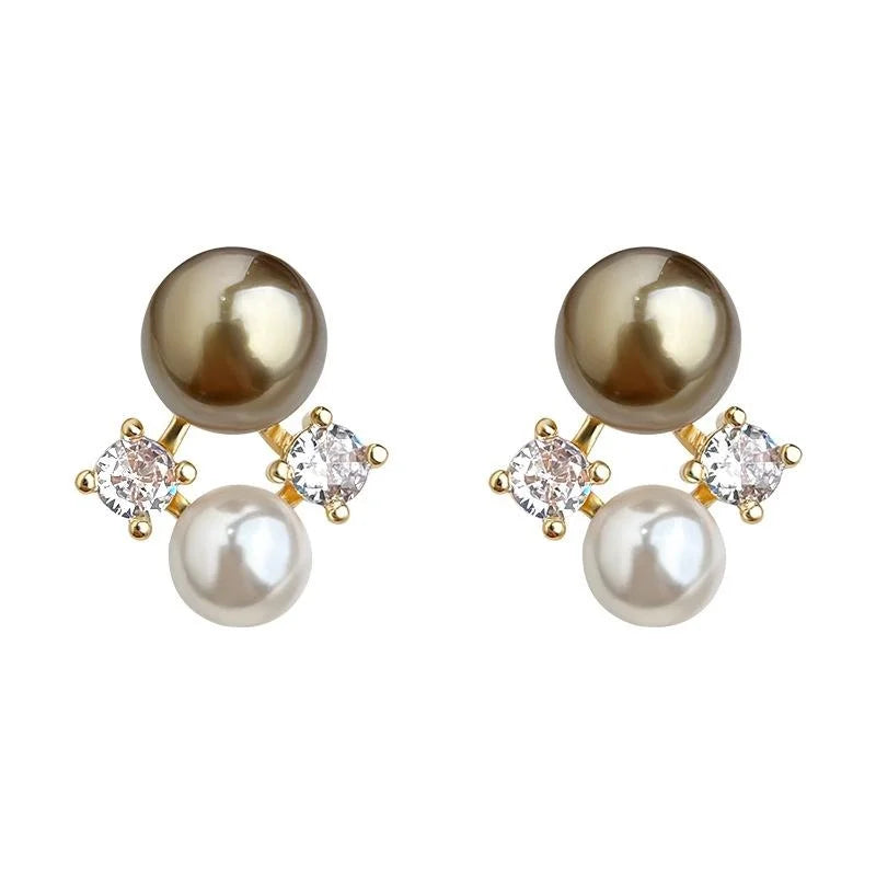 14K Plated Copper Coffee Pearl Zircon Micro Pave Maillard Style Stud Earrings