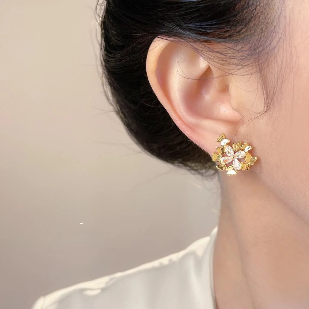Fairy Style Butterfly Zircon Copper Stud Earrings With Silver Plated Pins Floral Geometric Design