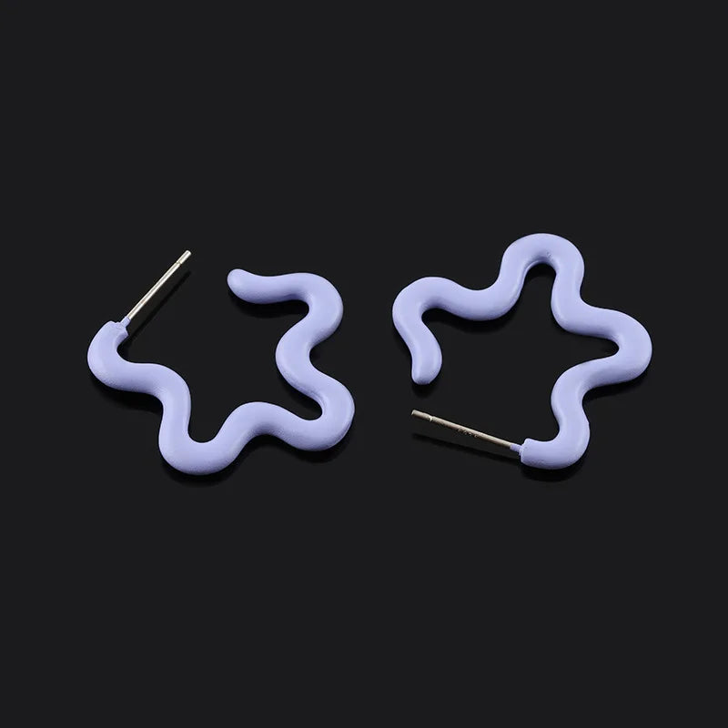 Light Blue Enamel Alloy Irregular Five Point Star Flower Hoop Stud & Clip On No Piercing Fashion Earrings