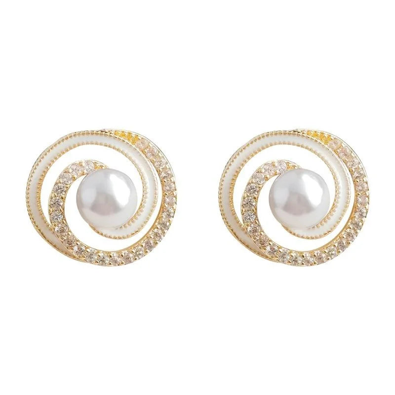 French Elegant Pearl Zircon Hollow Ribbed Round Copper Stud Earrings