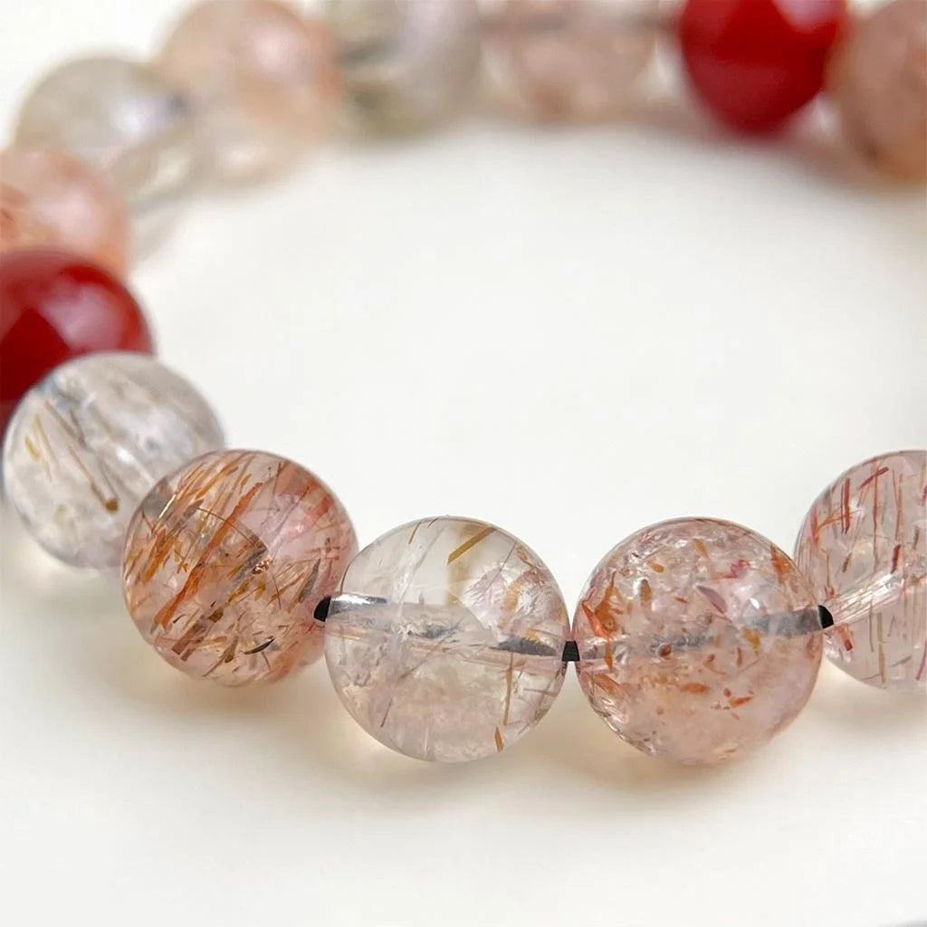 Natural Stone Red Rutilated Quartz Crystal Beaded Bracelet New Chinese Ethnic Geometric Designer Style