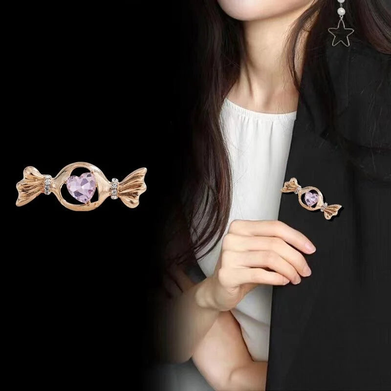 Cute Gold Alloy Candy Brooch With Pink Heart Rhinestone, Elegant Sweet Lapel Pin Corsage Gift