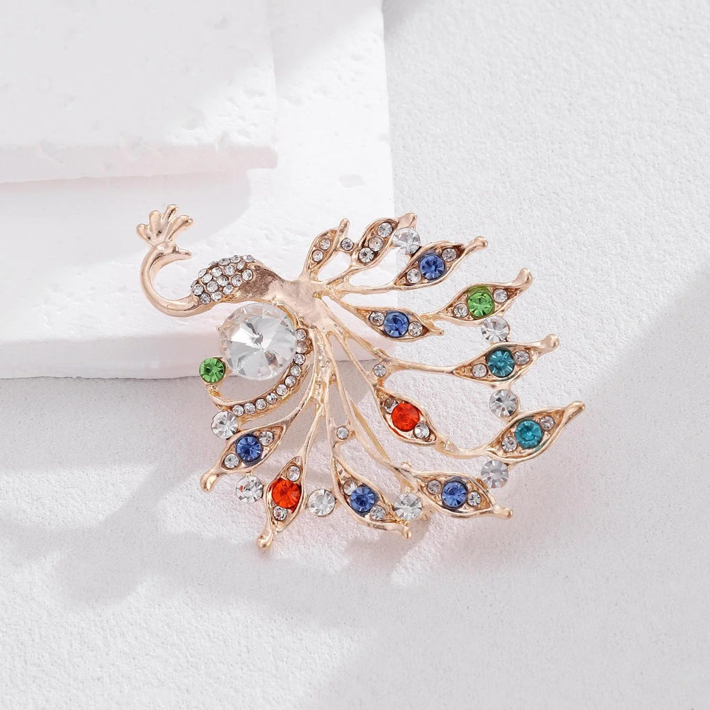 Elegant Gold Alloy Peacock Brooch With Colorful Rhinestones, Luxury Lapel Pin Corsage Gift