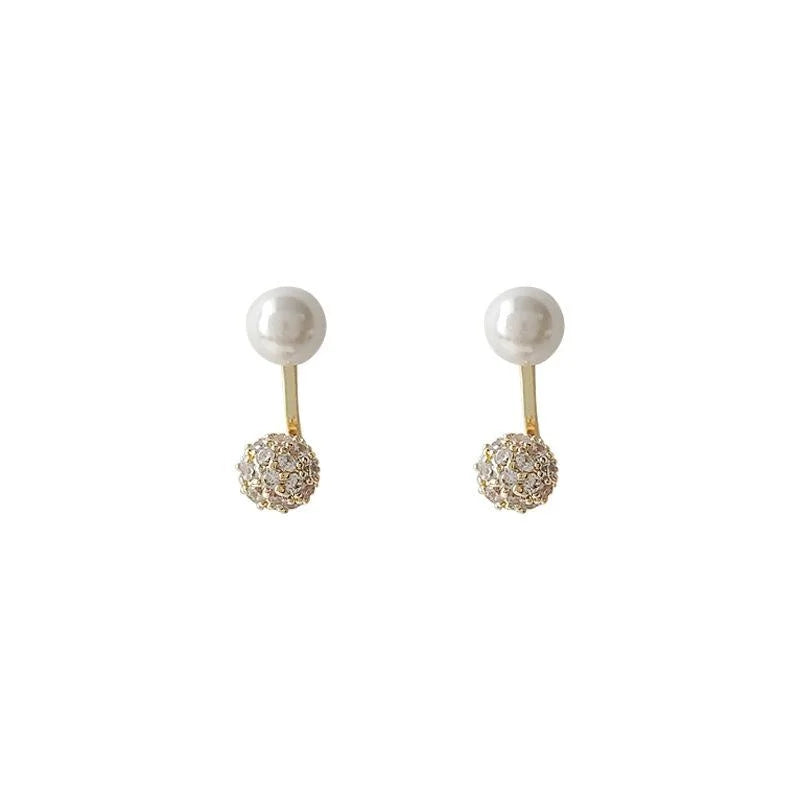 Two Way 14K Gold Plated Copper Pearl Stud Earrings With Micro Pave Zircon Round Geometric Design
