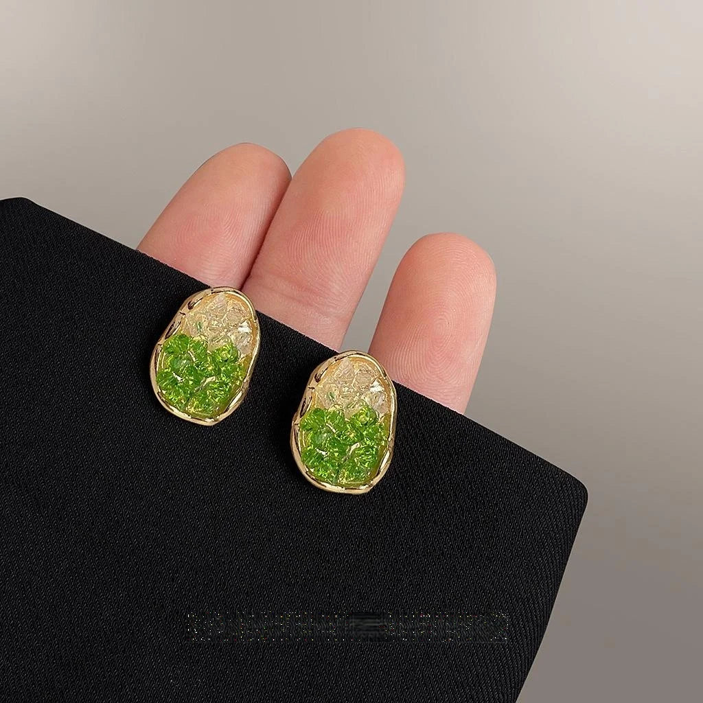 Forest Style Oval Glass Crystal Stud Earrings 14K Plated Geometric Gradient Green Champagne