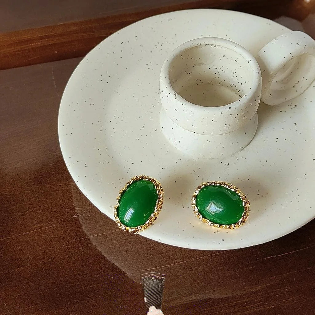 Vintage Style Copper Oval Emerald Green Statement Stud Earrings For Women