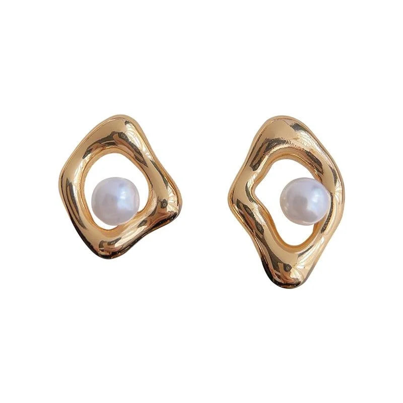 Light Luxury Irregular Pearl Stud Earrings, French Artistic Geometric Rhombus Copper Earrings