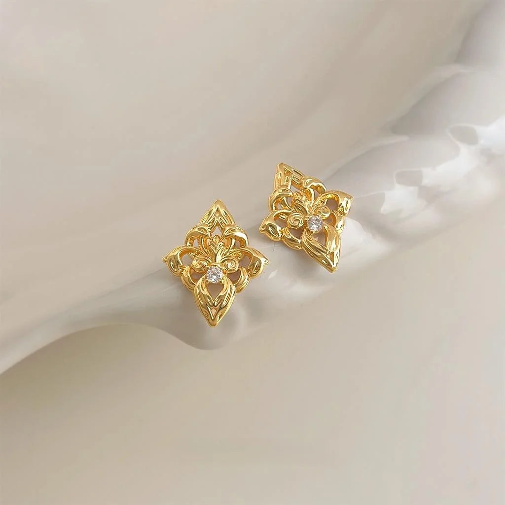 Iris Flower Geometric Zircon Copper 14K Plated Luxury Stud Earrings