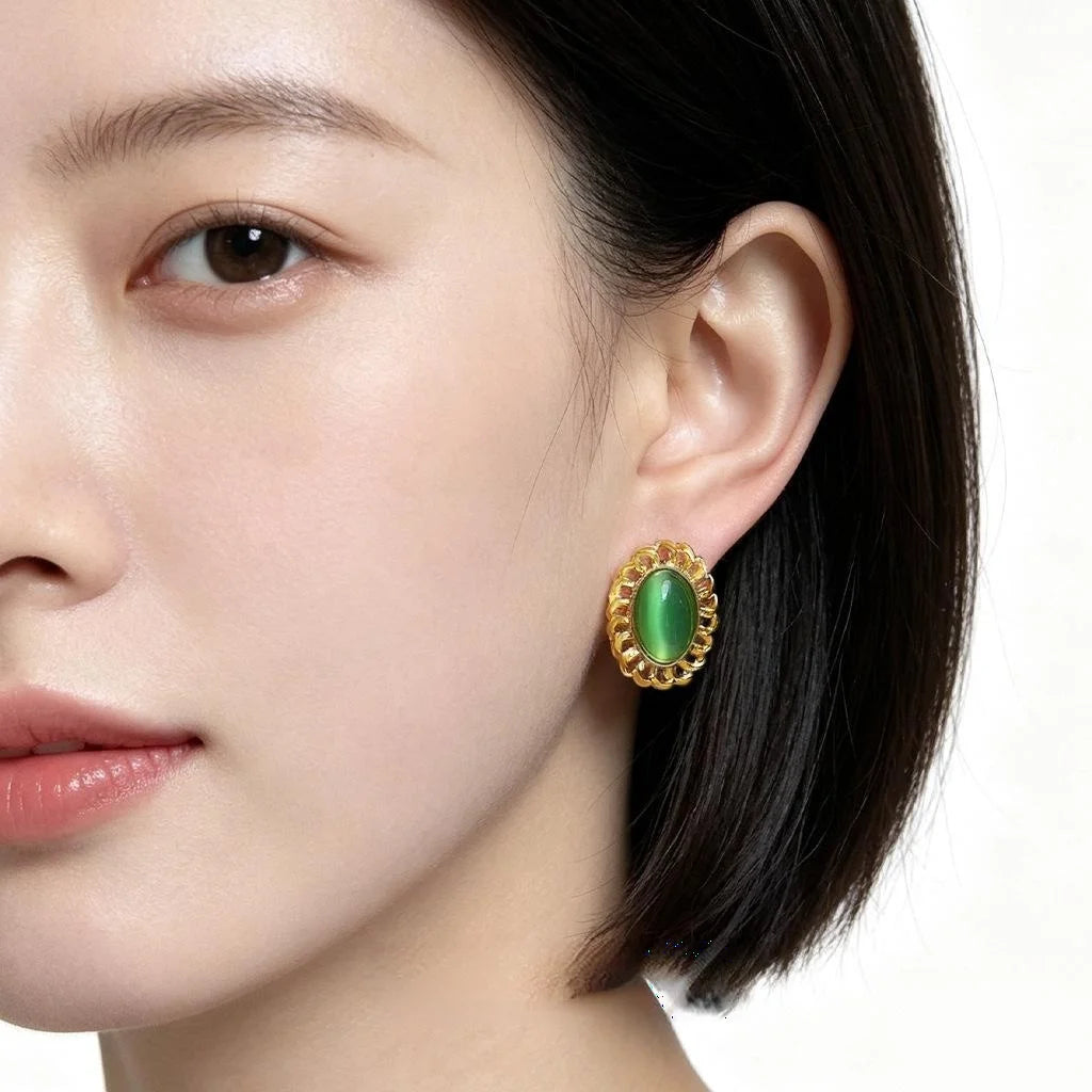 French Vintage Oval Glass Cat Eye Stone Stud Earrings Eco Copper Hollow Lace Edge Jewelry