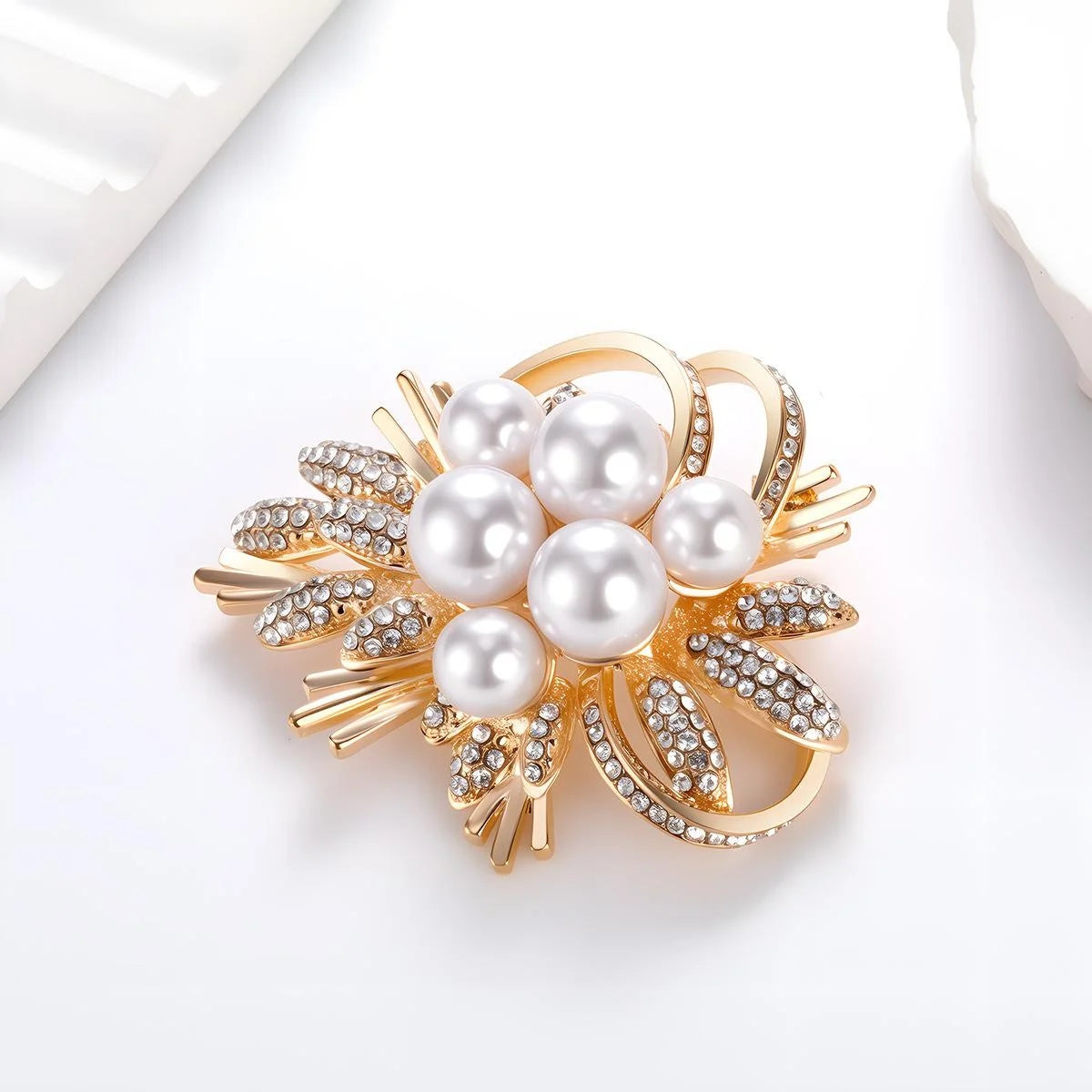 Elegant Pearl Rhinestone Flower Bouquet Brooch, Luxury Copper Alloy Lapel Pin Corsage For Suits Gift