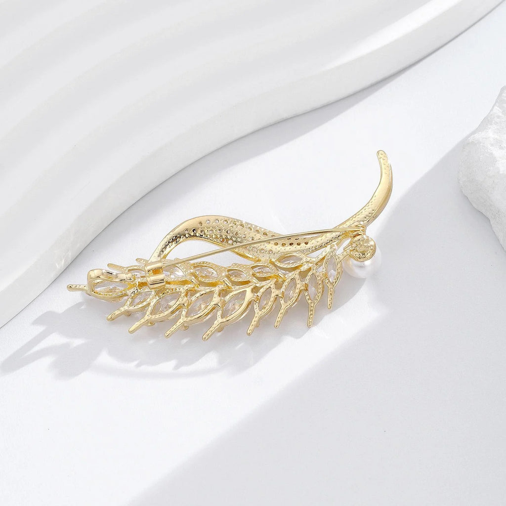 Luxury Wheat Stalk Brooch With Marquise Zircon Rhinestones And Pearl, Elegant Lapel Pin Suit Accessory Gift