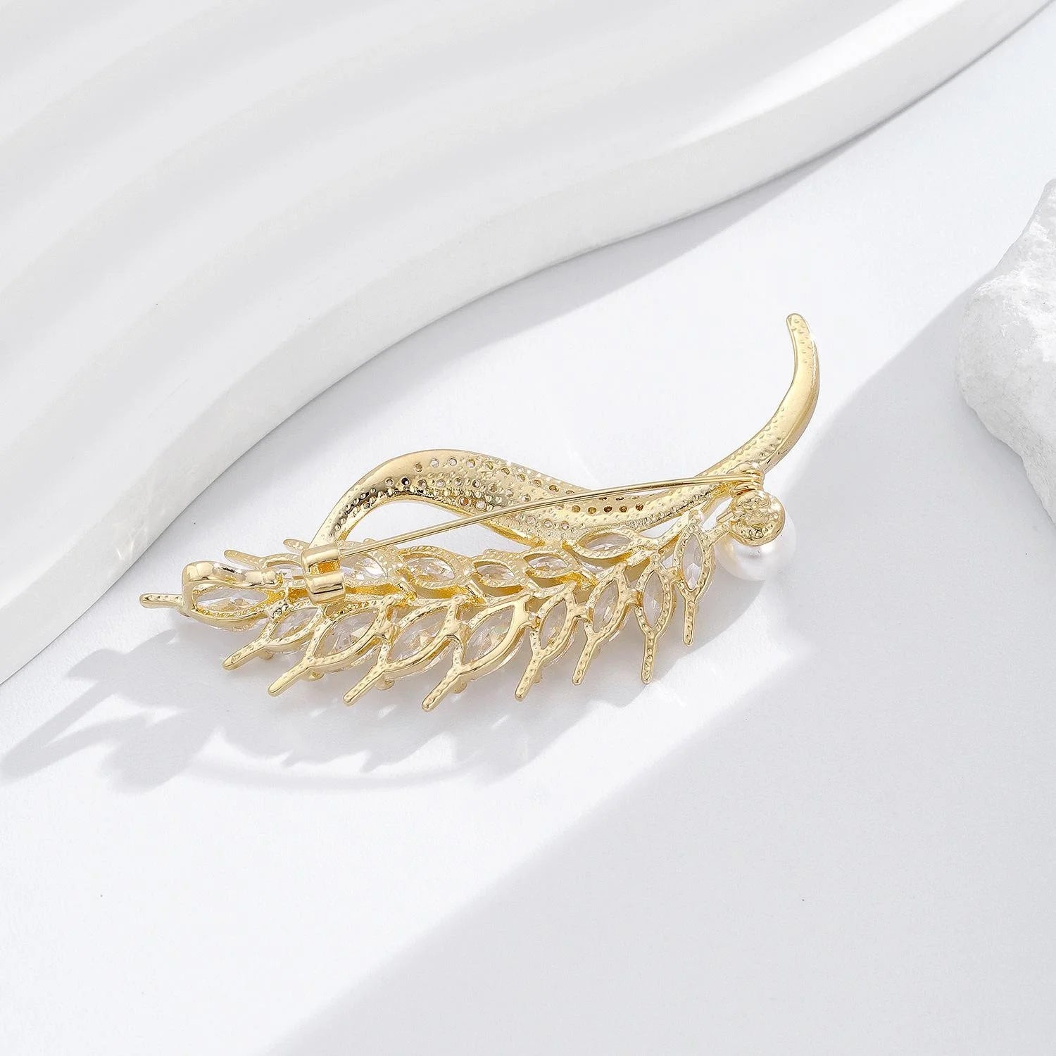 Luxury Wheat Stalk Brooch With Marquise Zircon Rhinestones And Pearl, Elegant Lapel Pin Suit Accessory Gift