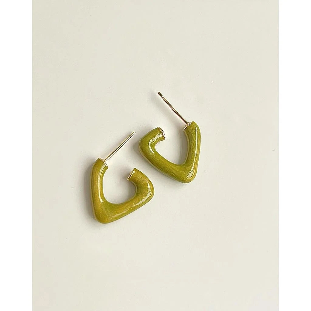 Avocado Green Geometric Triangle Copper Stud Earrings Minimalist Hollow Enamel Line Jewelry