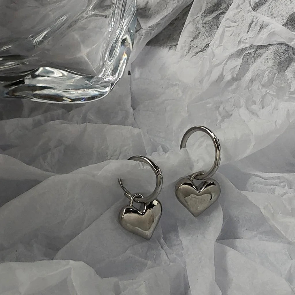 Minimalist Silver Heart Drop Earrings Copper 3D Smooth Metal Korean Japanese Style