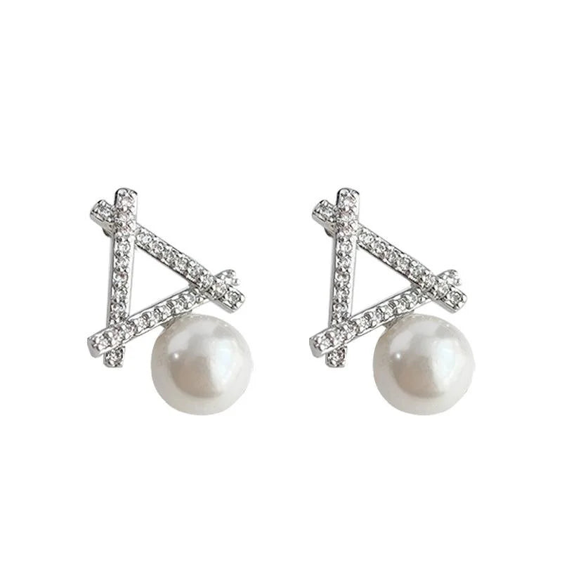 Elegant Geometric Glass Pearl Stud Earrings Copper Micro Pave Zircon Hollow Triangle Design