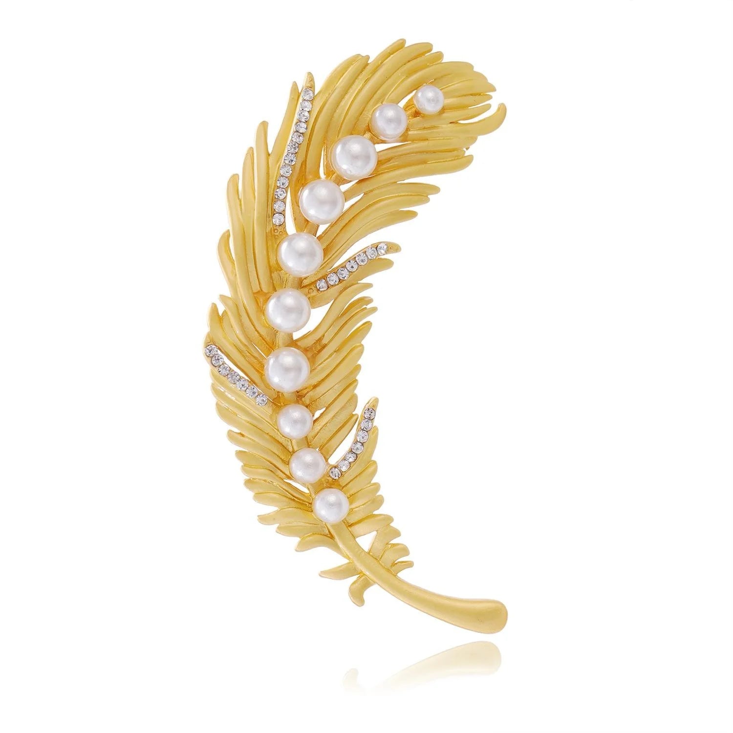Elegant Gold Alloy Feather Brooch With Pearl And Rhinestone Accents, Luxury Lapel Pin Corsage Gift