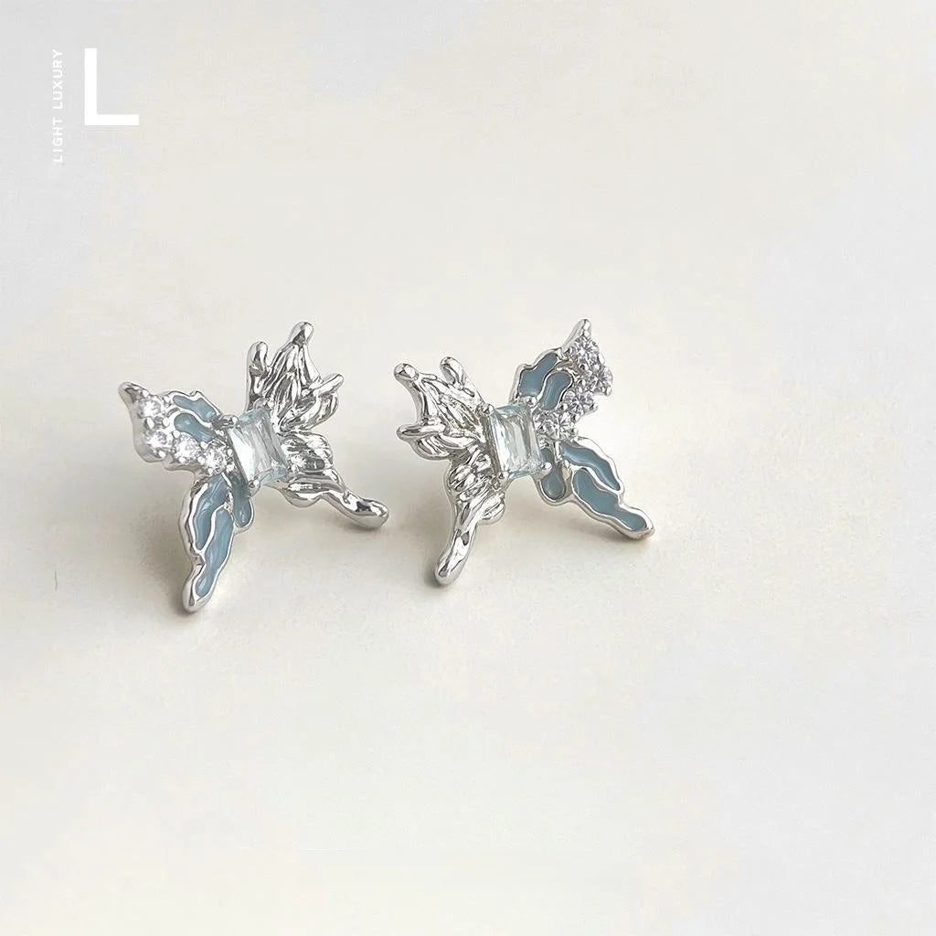 Original Design Blue Zircon Butterfly Liquid Copper Stud Earrings Sweet Cool Irregular Style