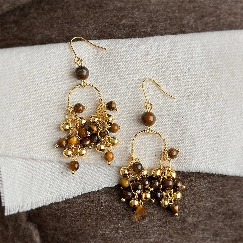 Vintage Maillard Tiger Eye Stone Copper Long Tassel Drop Earrings Geometric Round Statement Jewelry